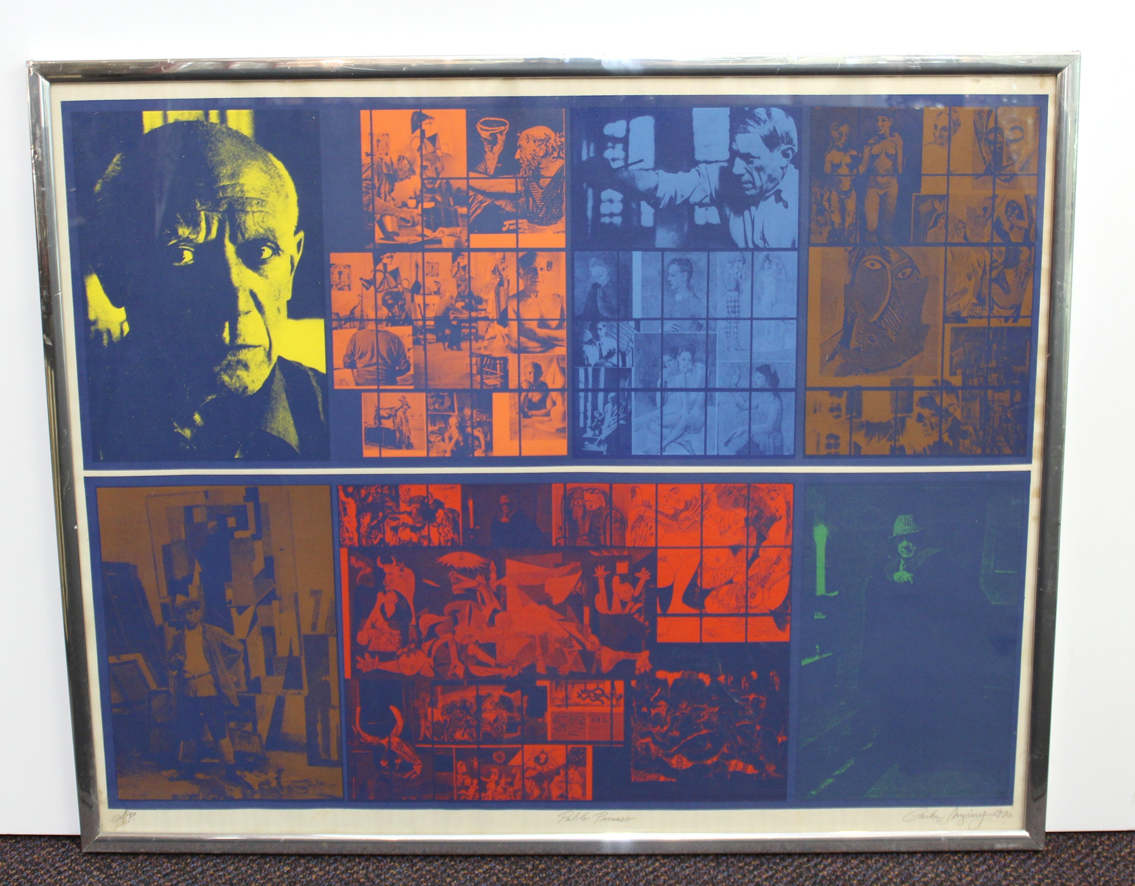 Sérigraphie d'épreuve d'artiste Pop Art créée par Carlos Irizarry en 1970 et montrant un collage coloré de photographies de Pablo Picasso dans son atelier et certaines de ses œuvres. L'œuvre est marquée au crayon 