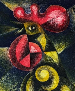 Stampa serigrafica con gallo e aereo a prova d'artista di Carlos Luna, "El Adios".