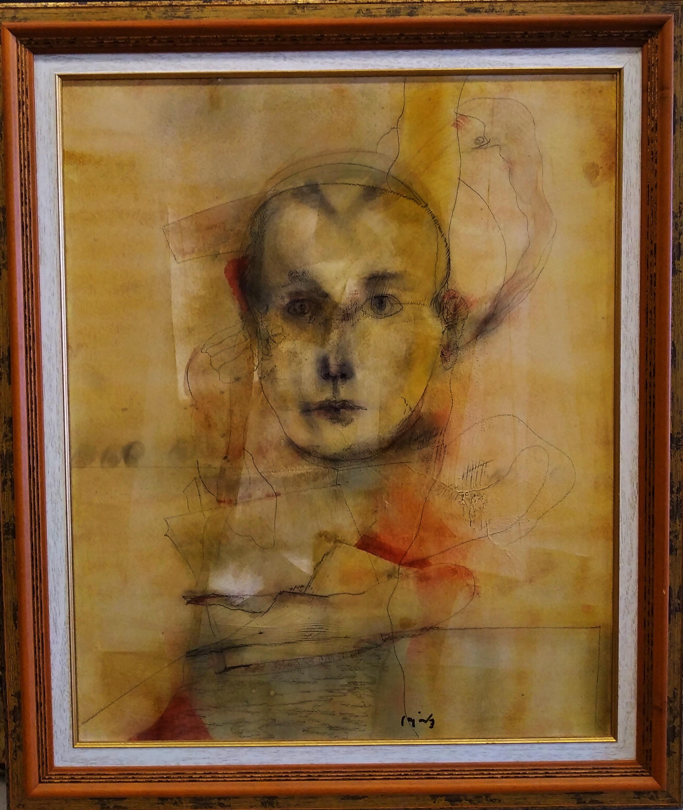 Carlos Mendez  Vertical  Surreal  Face  Golden  acrylic painting For Sale 1
