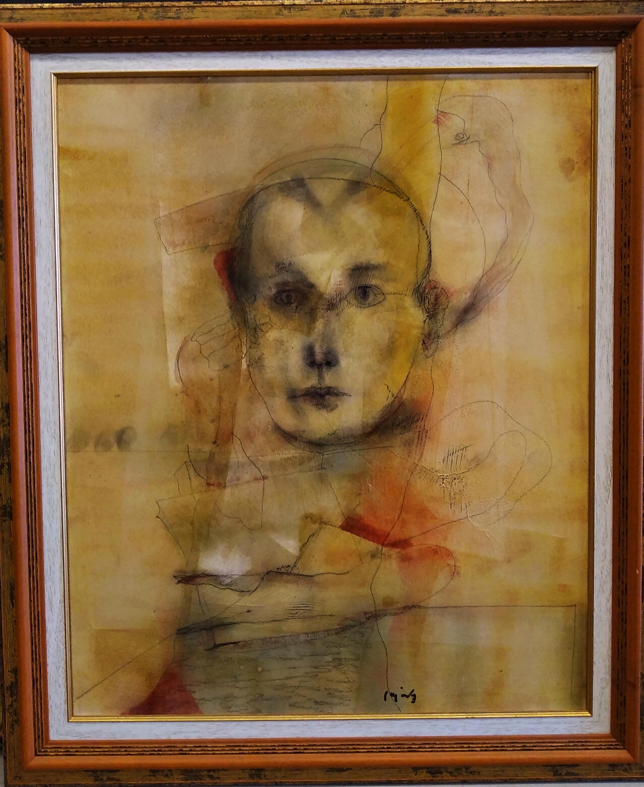 Carlos Mendez  Vertical  Surreal  Face  Golden  acrylic painting For Sale 2