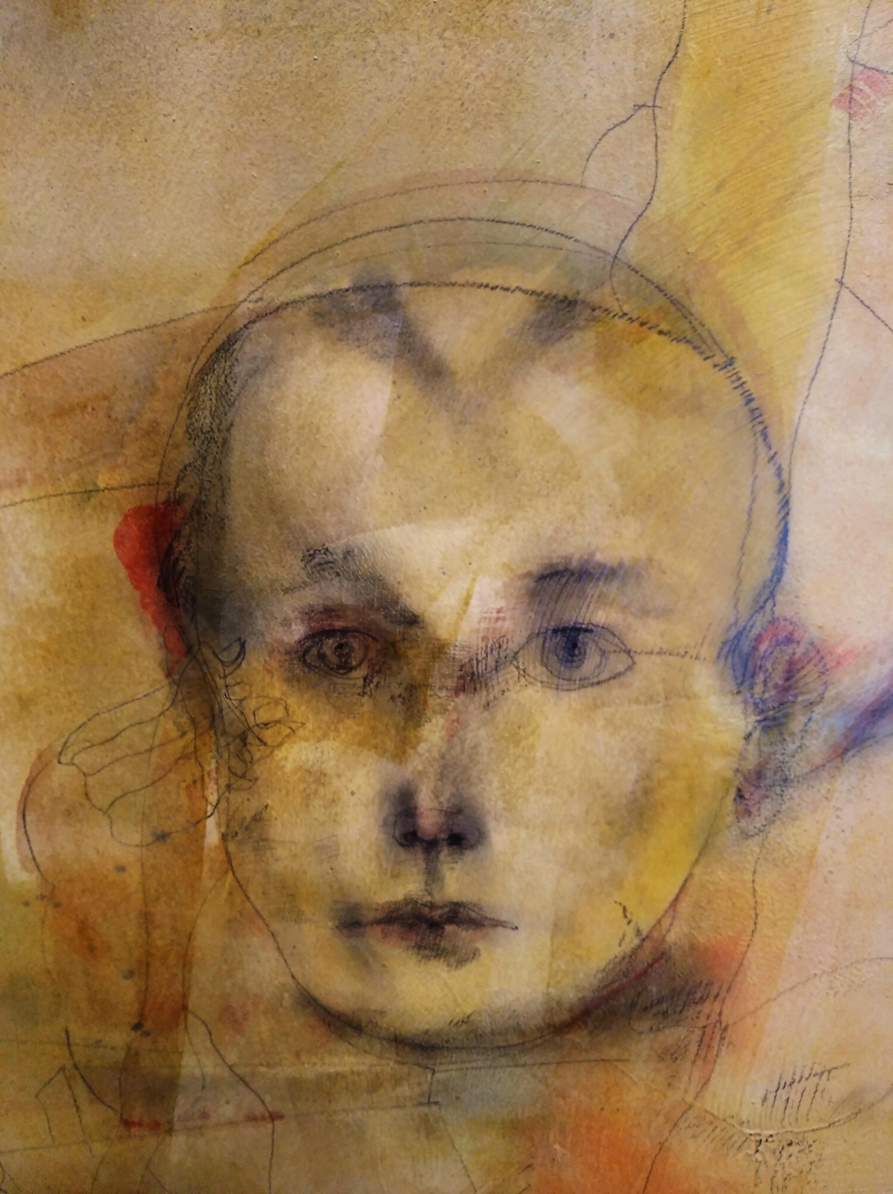 Carlos Mendez  Vertical  Surreal  Face  Golden  acrylic painting For Sale 4