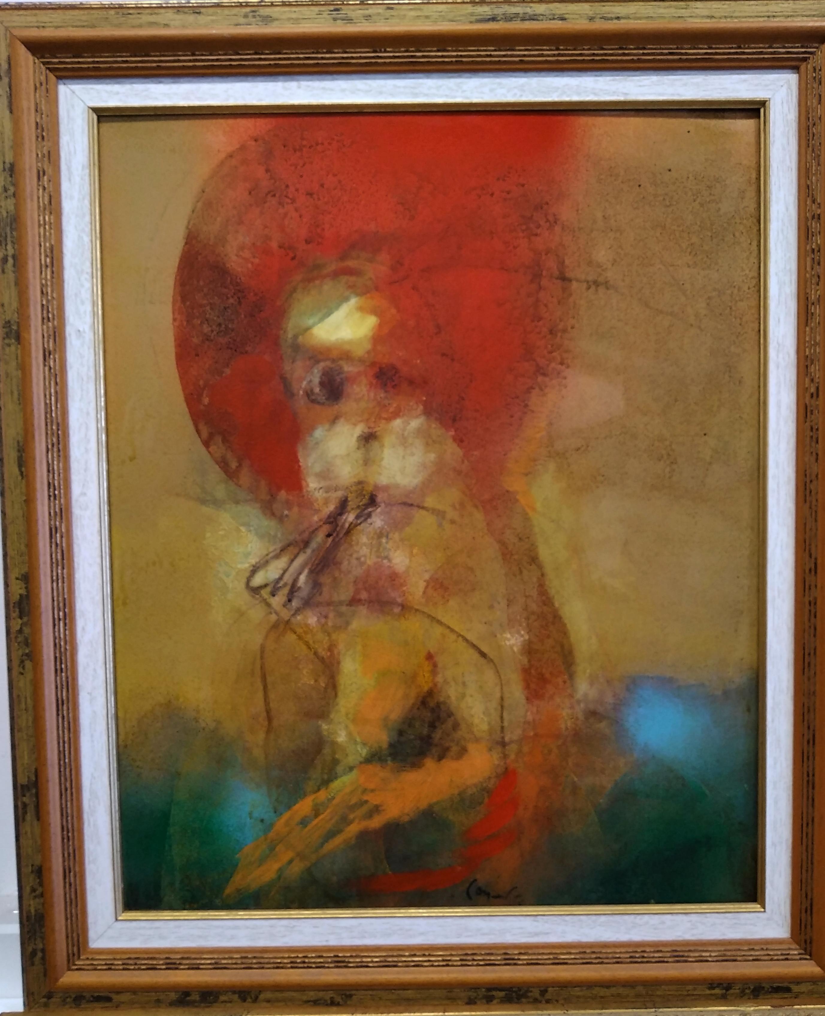 CARLOS MENDEZ  RED CHARACTER sin titulo. acrylic painting - Brown Abstract Painting by Carlos Mendez