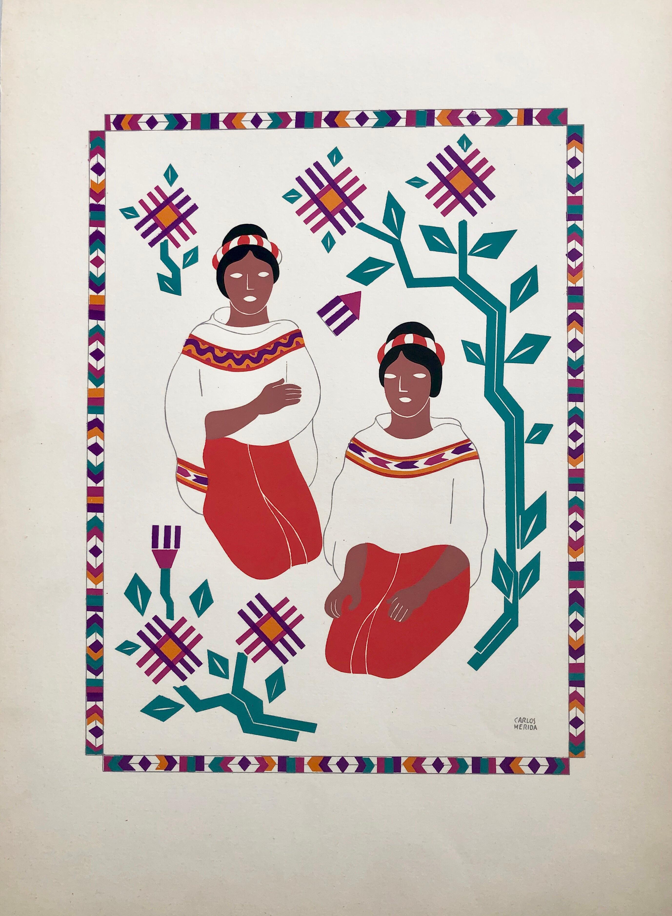 1945 Serigrafía Modernista Mexicana  Vestido Regional Estampado Carlos Mérida - Print de Carlos Merida