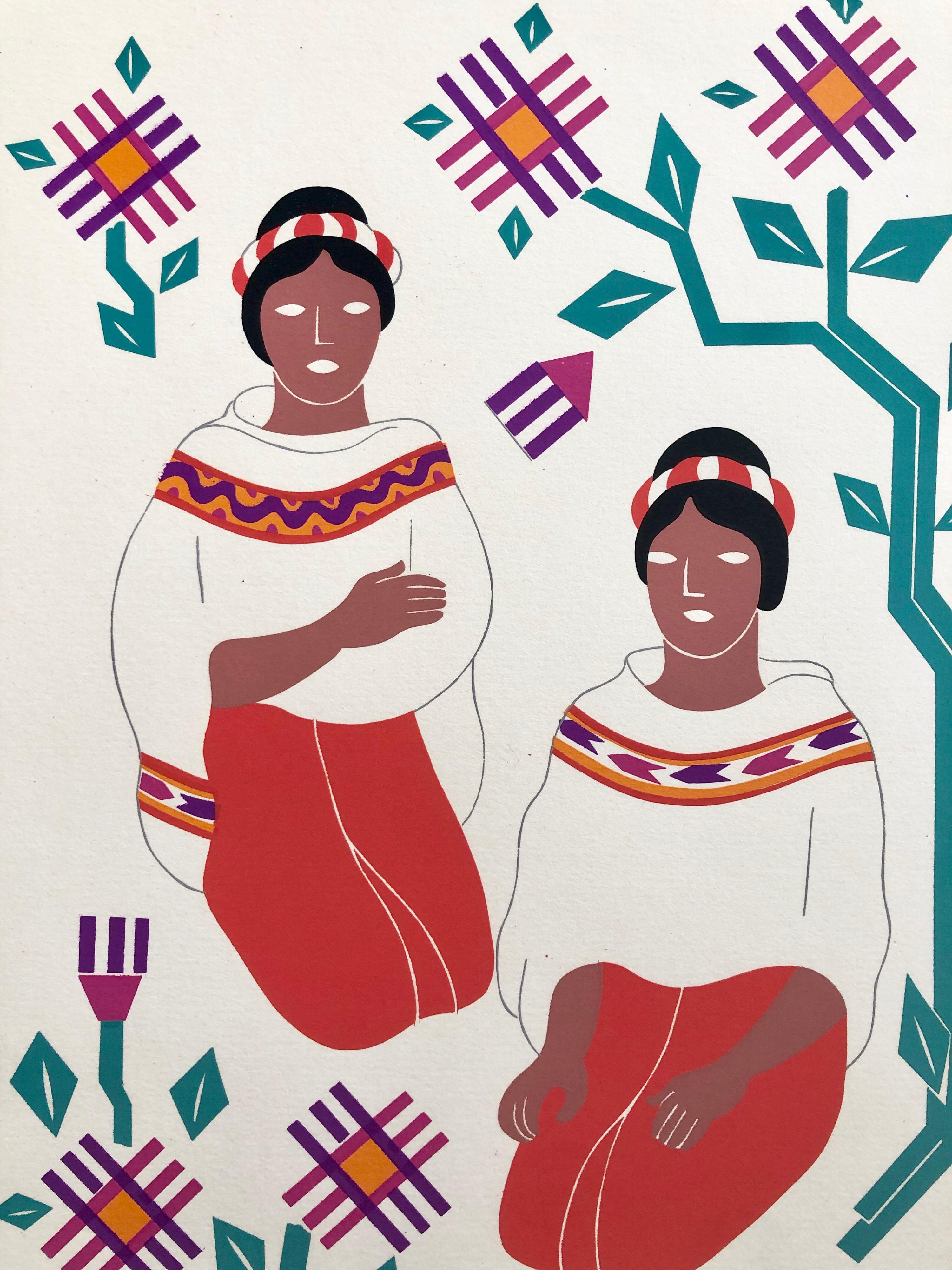 1945 Serigrafía Modernista Mexicana  Vestido Regional Estampado Carlos Mérida - Print Arte popular de Carlos Merida