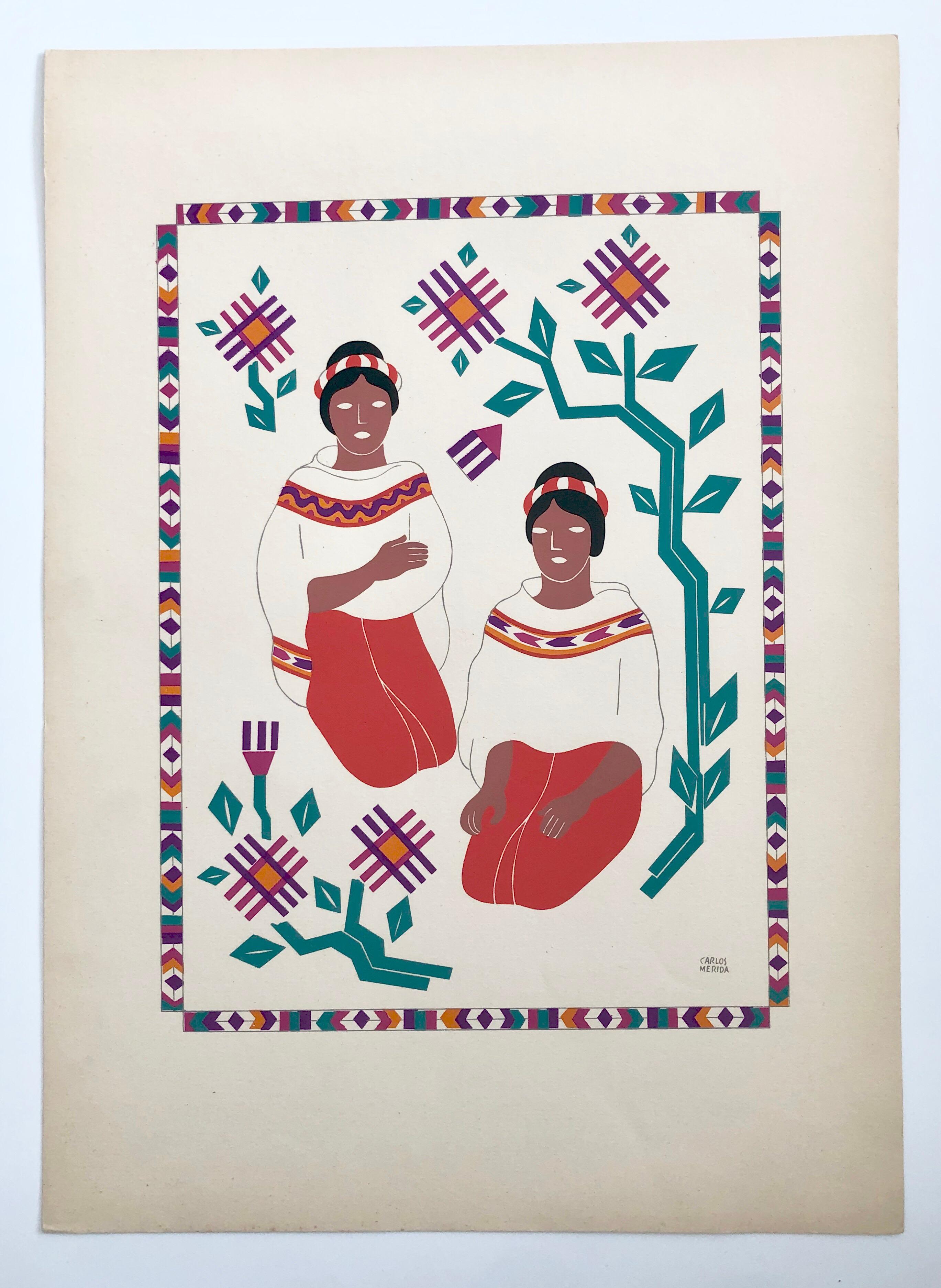 1945 Serigrafía Modernista Mexicana  Vestido Regional Estampado Carlos Mérida en venta 1