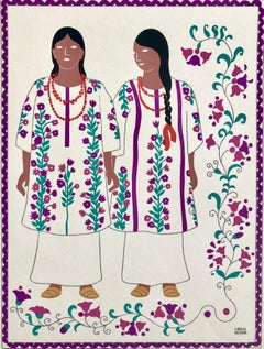 1945 Mexican Modernist Silkscreen Serigraph Print Regional Folk Art Dress Mexico