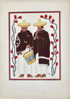 1945 Mexikanisches modernistisches Siebdruck Serigraphie Druck Regionales Volkskunstkleid Mexiko