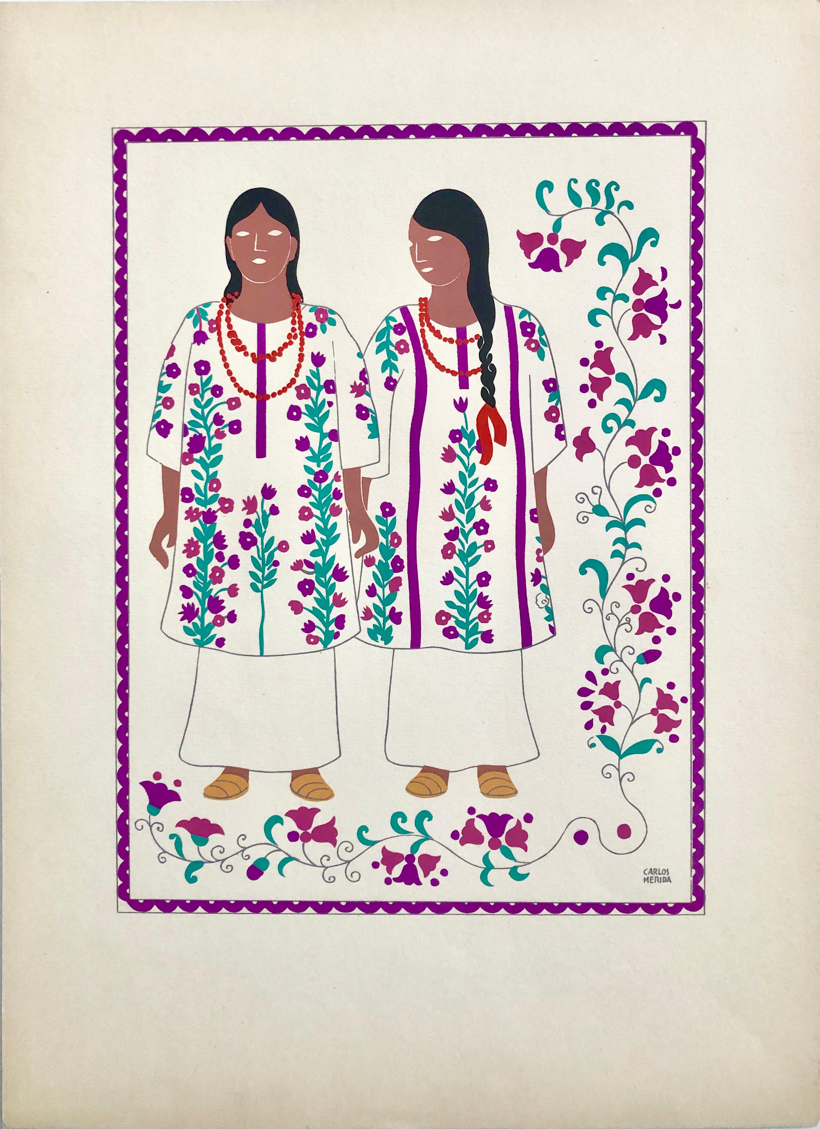 1945 Serigrafía Modernista Mexicana Serigrafía Vestido Regional de Arte Popular México