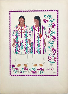Robe mexicaine moderniste en soie sérigraphiée imprimée d'art populaire régional mexicain, 1945