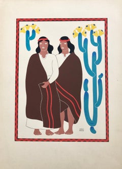 Robe mexicaine moderniste en soie sérigraphiée imprimée d'art populaire régional mexicain, 1945
