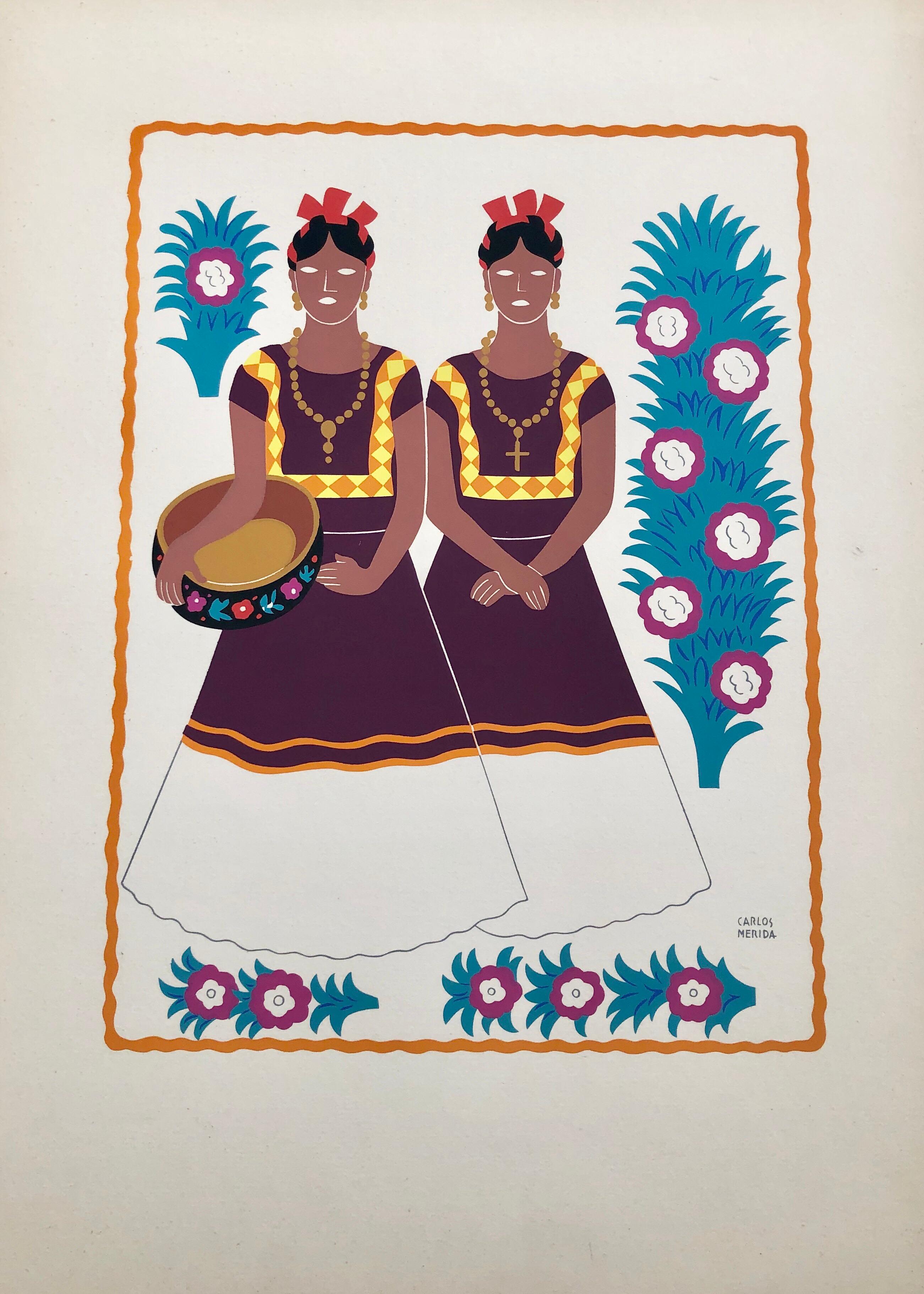 1945 Serigrafía Modernista Mexicana Serigrafía Vestido Regional de Arte Popular México