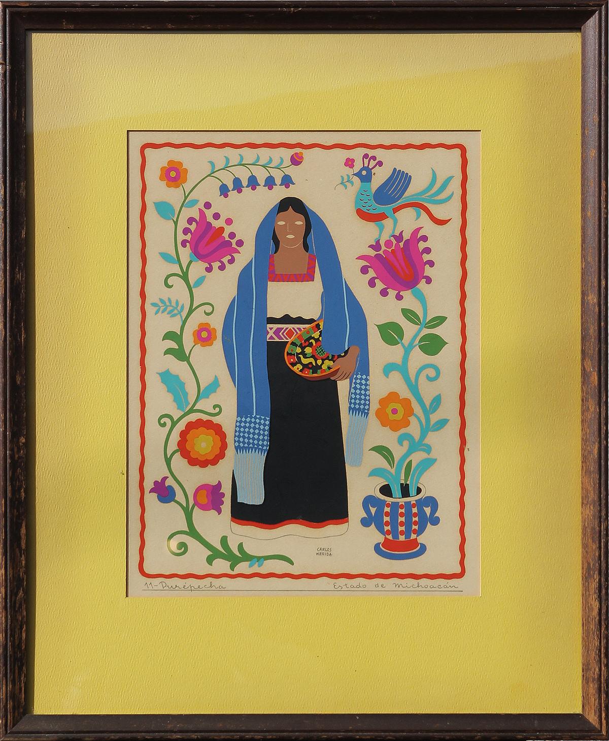 Carlos Mérida Abstract Print - Plate 11: a Purépecha (or Tarascan) Woman from the State of Michoacán Silkscreen