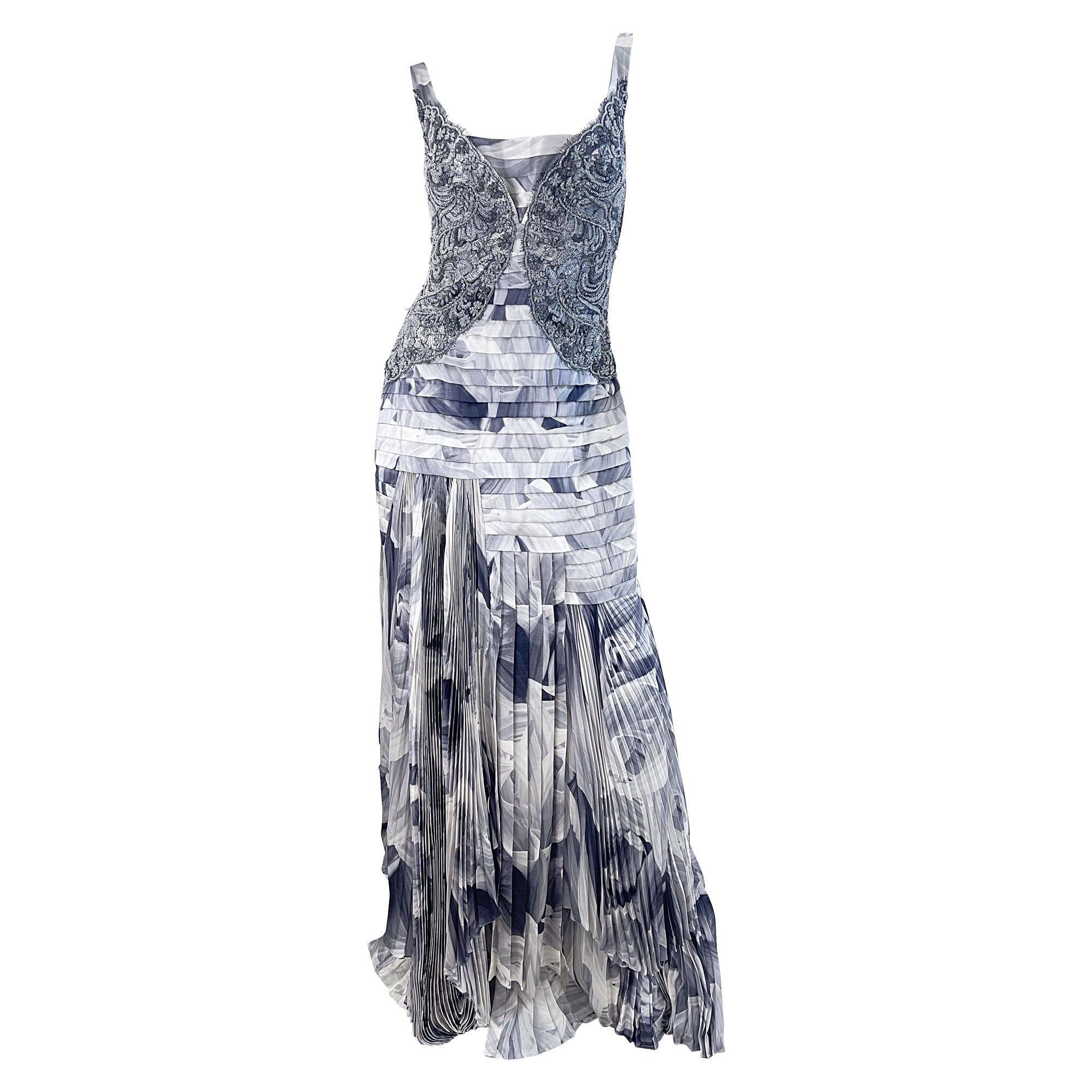 Carlos Miele Frühjahr 2009 Größe 42 / 8 Kleid aus Seide und Spitze mit abstraktem Blumendruck und Perlenbesatz aus Seide im Angebot