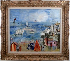 "Beach with Coastal Town", 20th Century Mixed Media on Canvas by Carlos Nadal
