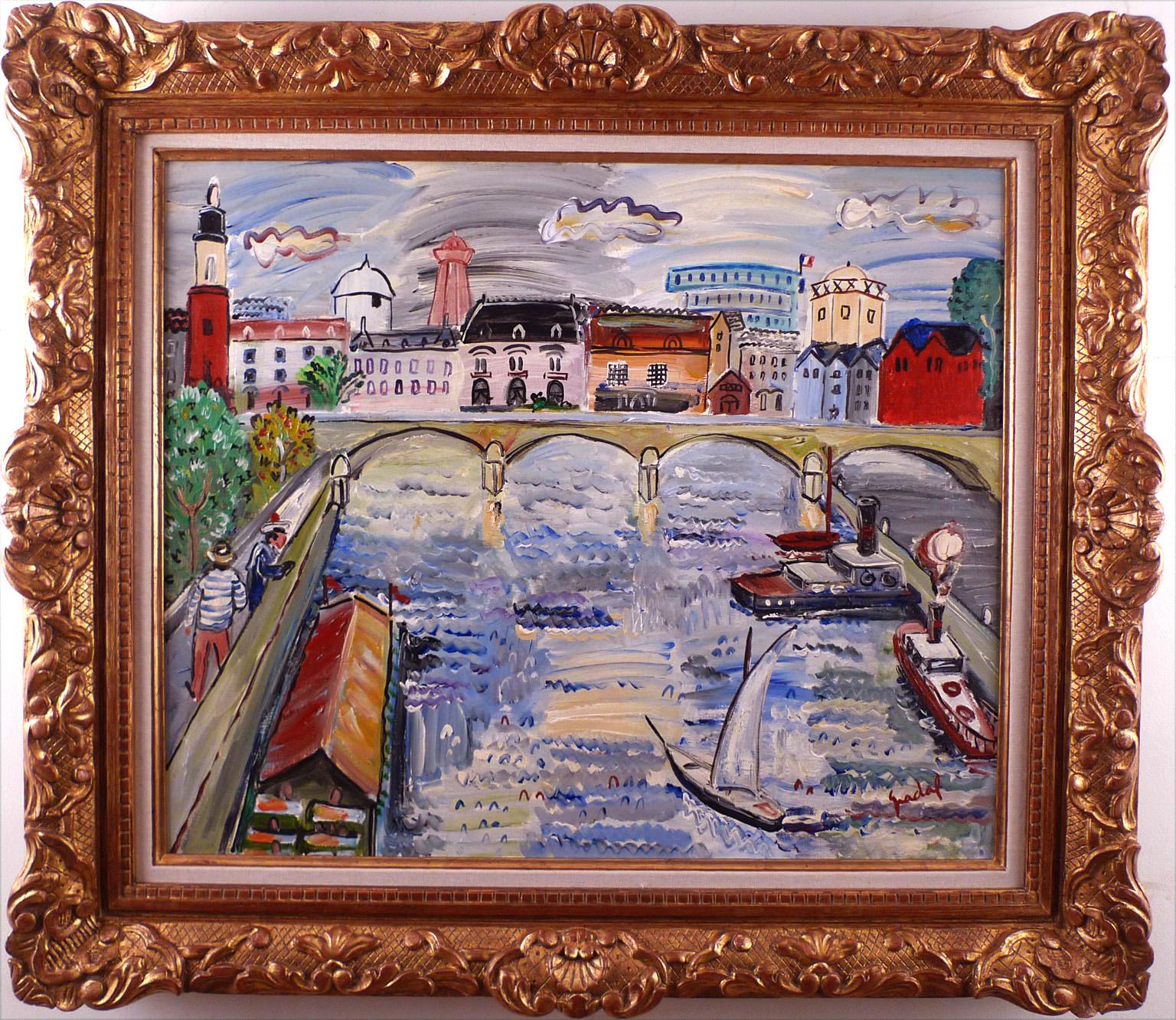 CARLOS NADAL
Spanish, 1917 - 1998
PONT DE VILLE
signed "Nadal" (lower right)
titled, signed and dated "PONT DE VILLE / Nadal / 1981" (on the reverse)
with the atelier stamp (on the reverse)
oil and acrylic on canvas
21-1/3 x 25-1/2 inches (54 x 65