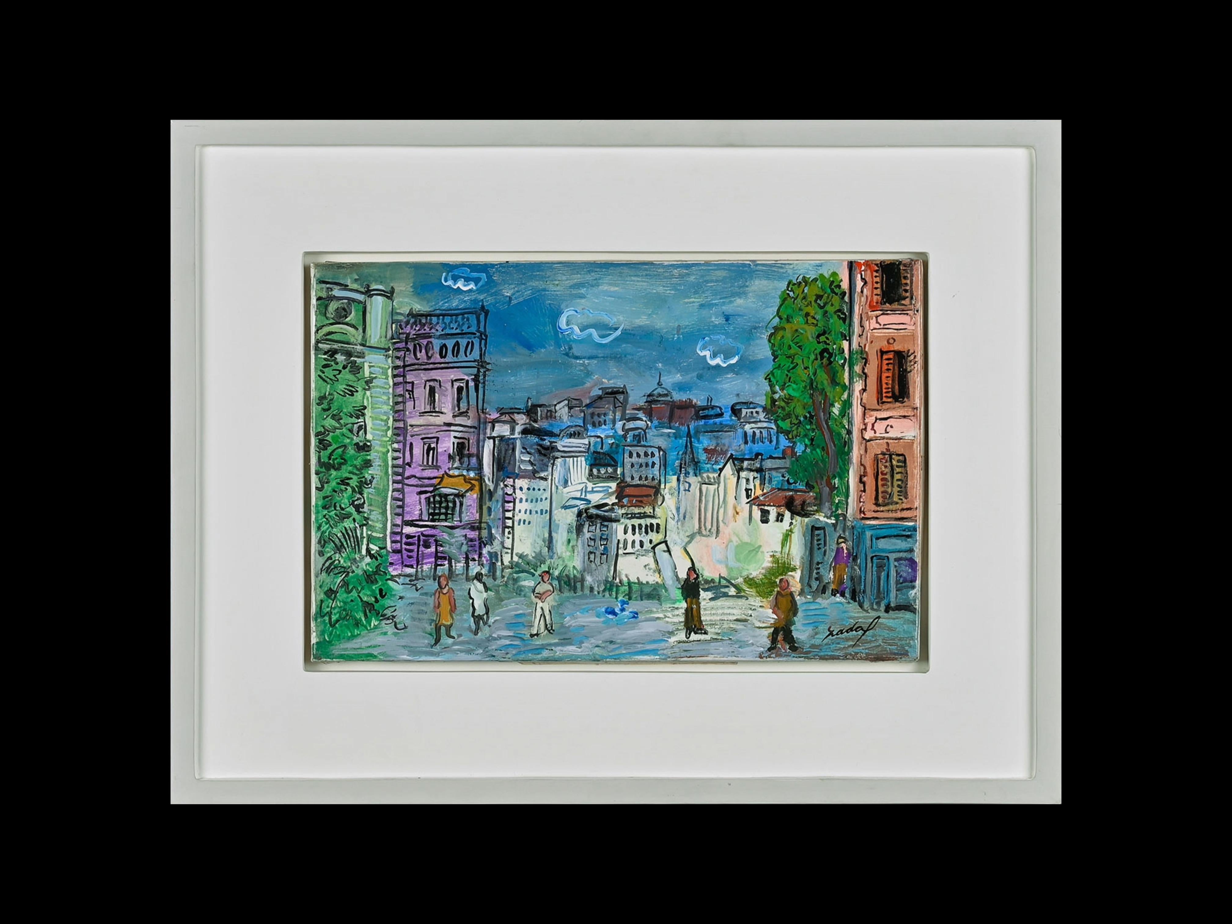 Maison la Tourelle Paris Straßenszene Gemälde von Gebäude, Figuren Blau, Lila – Painting von Carlos Nadal