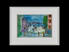 Maison la Tourelle Paris Street Scene Painting of Building, Figures Blue, Purple