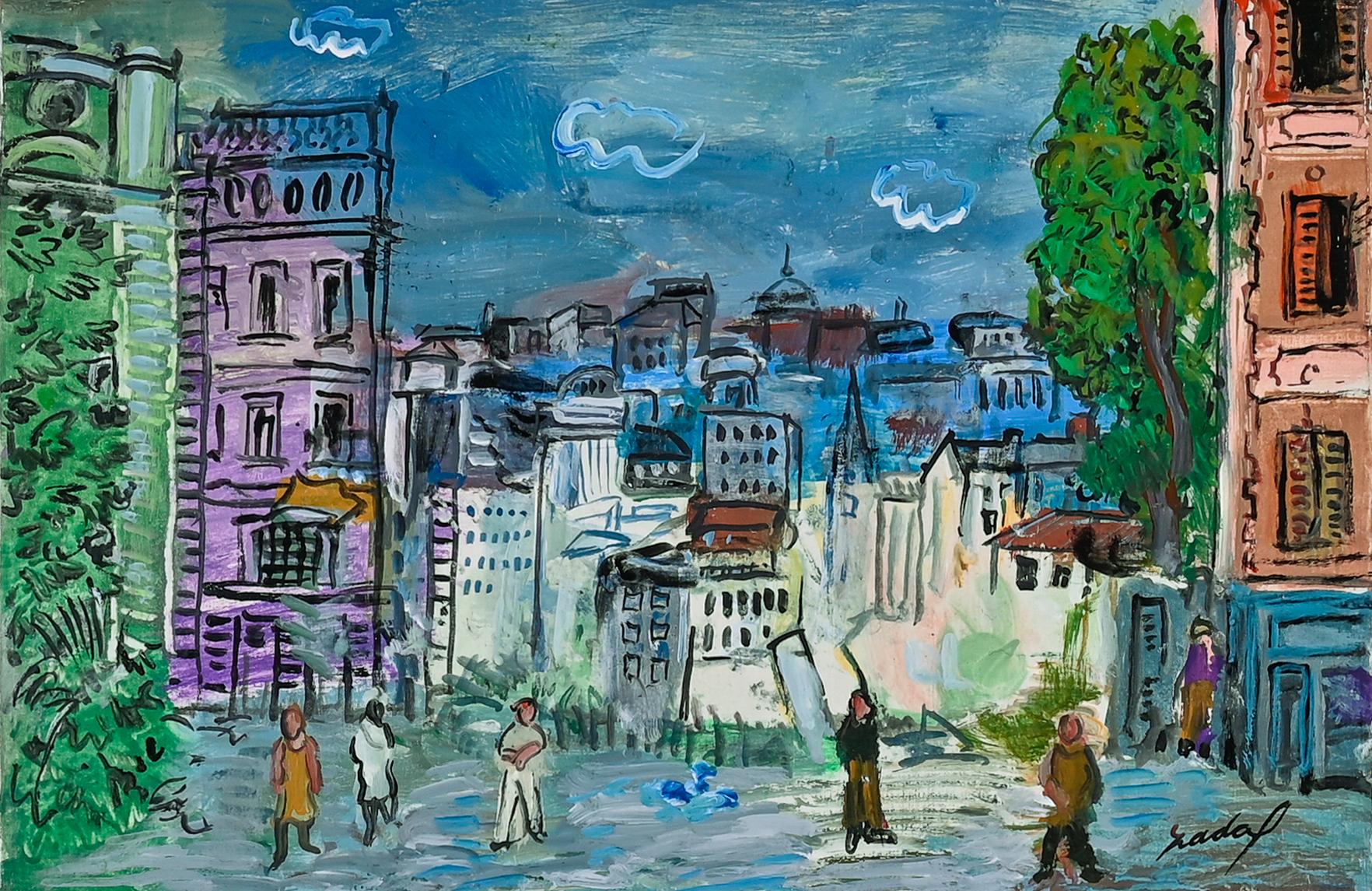 Carlos Nadal Landscape Painting – Maison la Tourelle Paris Straßenszene Gemälde von Gebäude, Figuren Blau, Lila