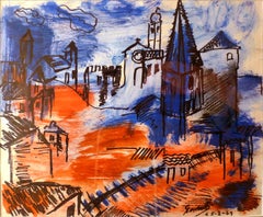 "Pueblo de Normandia", 20th Century Acrylic on Paper by Artist Carlos Nadal
