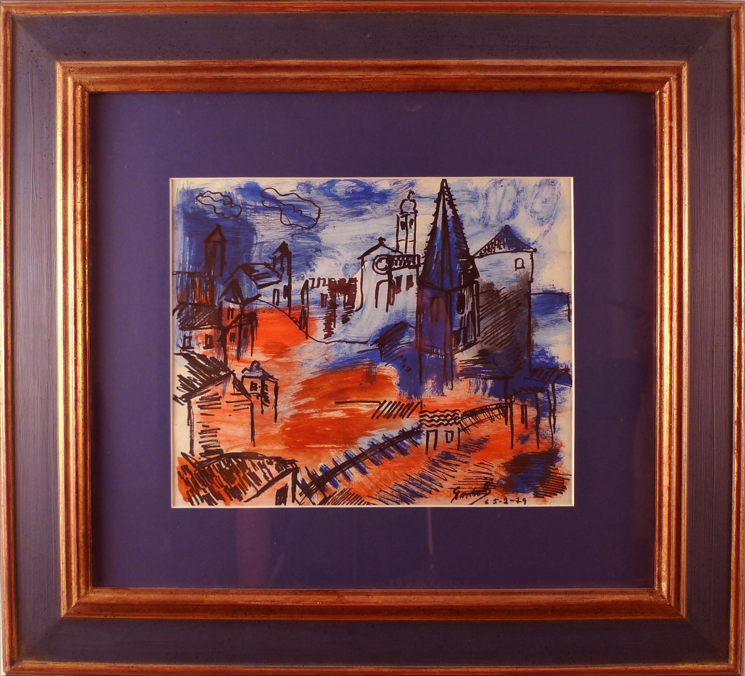 „Pueblo de Normandia“, Acryl auf Papier des Künstlers Carlos Nadal, 20. Jahrhunderts 