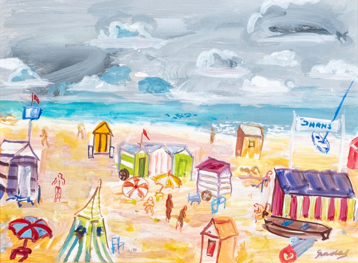 'The Beach' Colourful Abstract figurative painting of a beach with figures, huts - Painting by Carlos Nadal