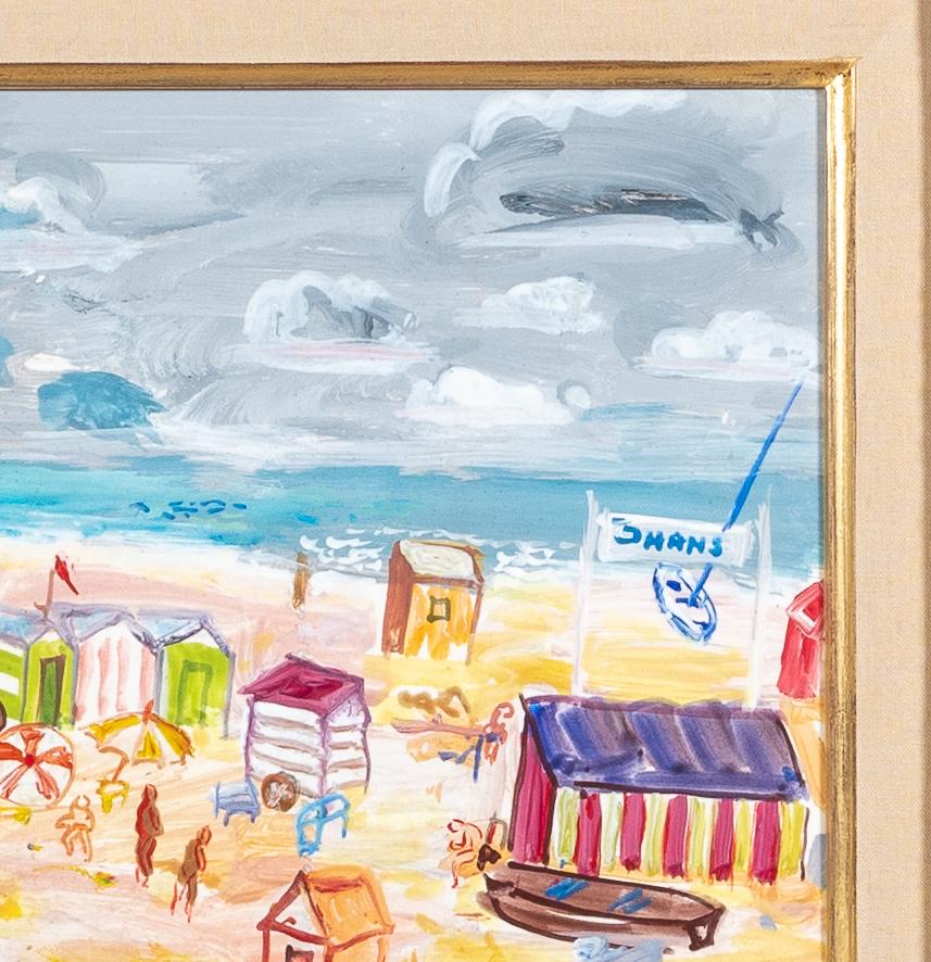 'The Beach' by Carlos Nadal. A colourful Abstract figurative painting of a beach with figures, beach huts and glorious sunshine and sea. A fabulous gem of a piece by this notable Spanish artist. 

Carlos Nadal was a celebrated Spanish painter who