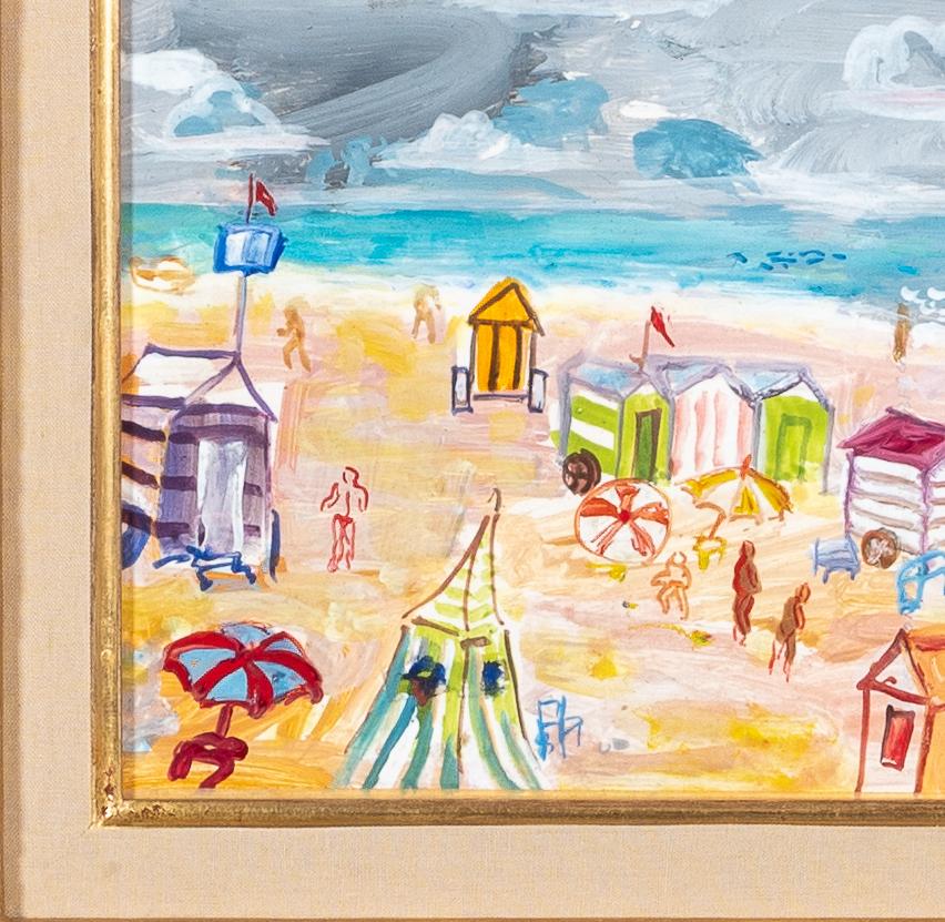 'The Beach' Colourful Abstract figurative painting of a beach with figures, huts For Sale 1