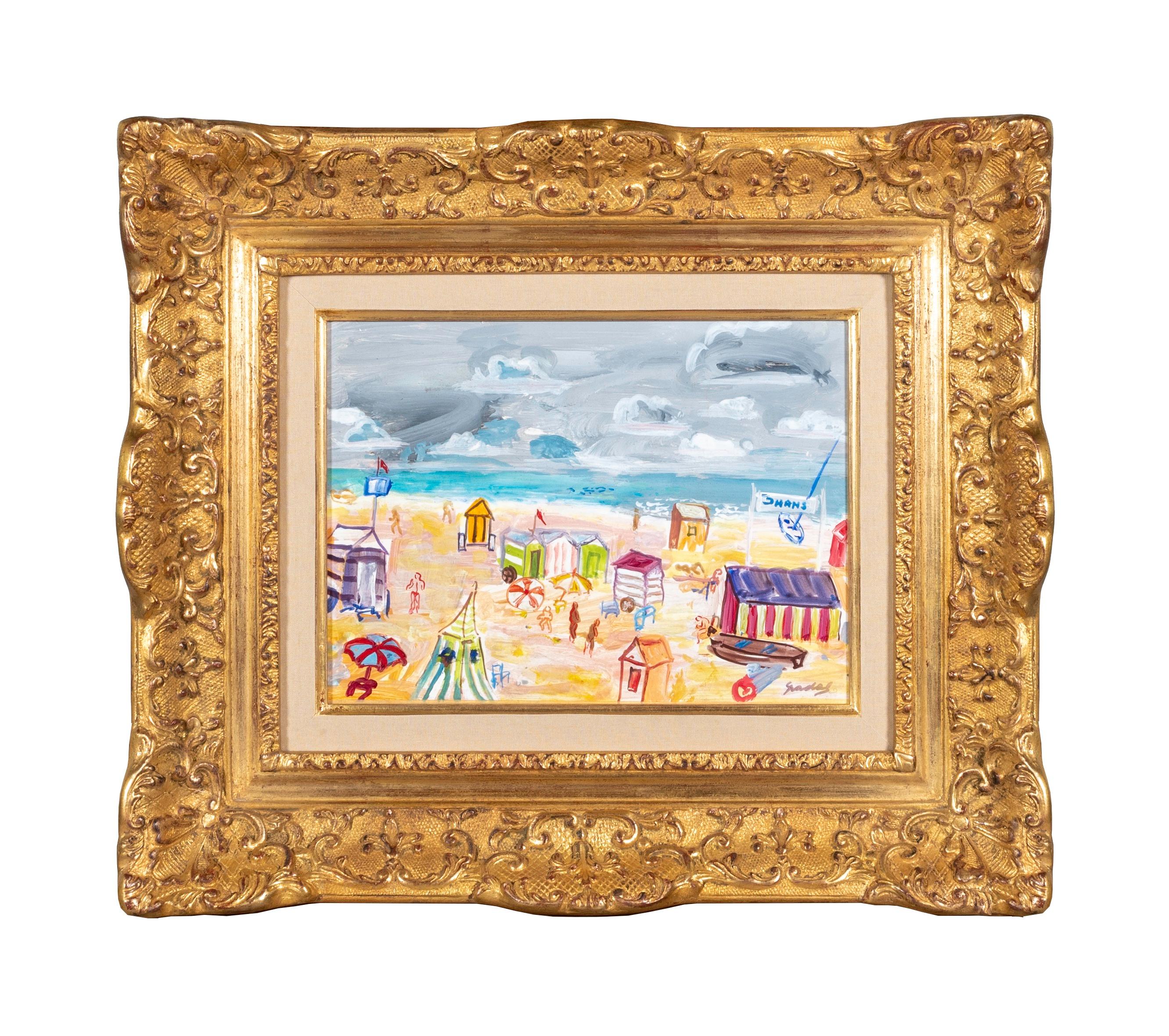 Carlos Nadal Landscape Painting - 'The Beach' Colourful Abstract figurative painting of a beach with figures, huts