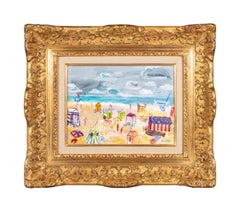 'The Beach' Colourful Abstract figurative painting of a beach with figures, huts