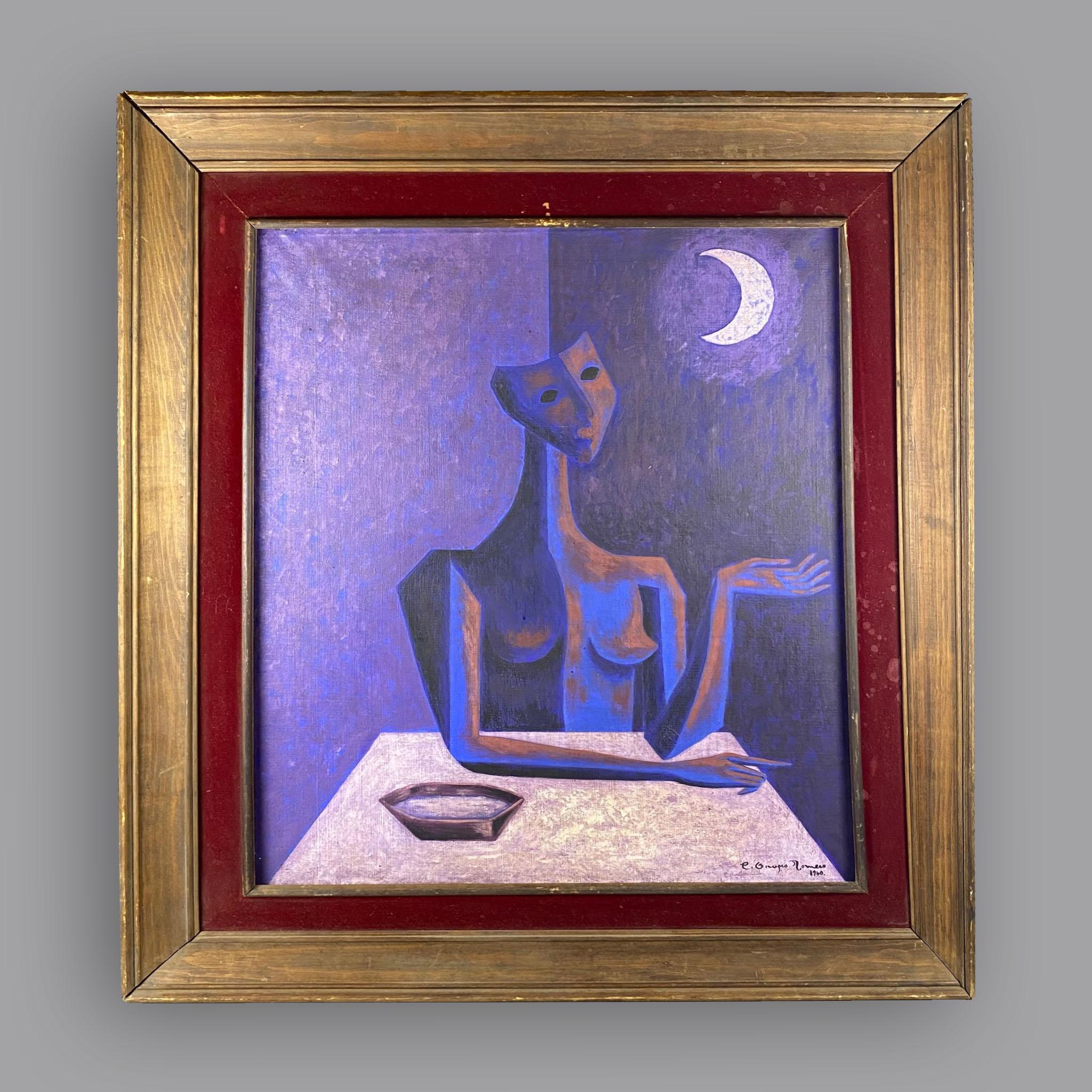Ein Ölgemälde des mexikanischen Künstlers Carlos Orozco Romero aus dem Jahr 1960, das eine violette menschliche Figur darstellt, die an einem durchsichtigen Tisch sitzt und den Mond zu ihrer Rechten hat. Das Gemälde ist rechts unten signiert und