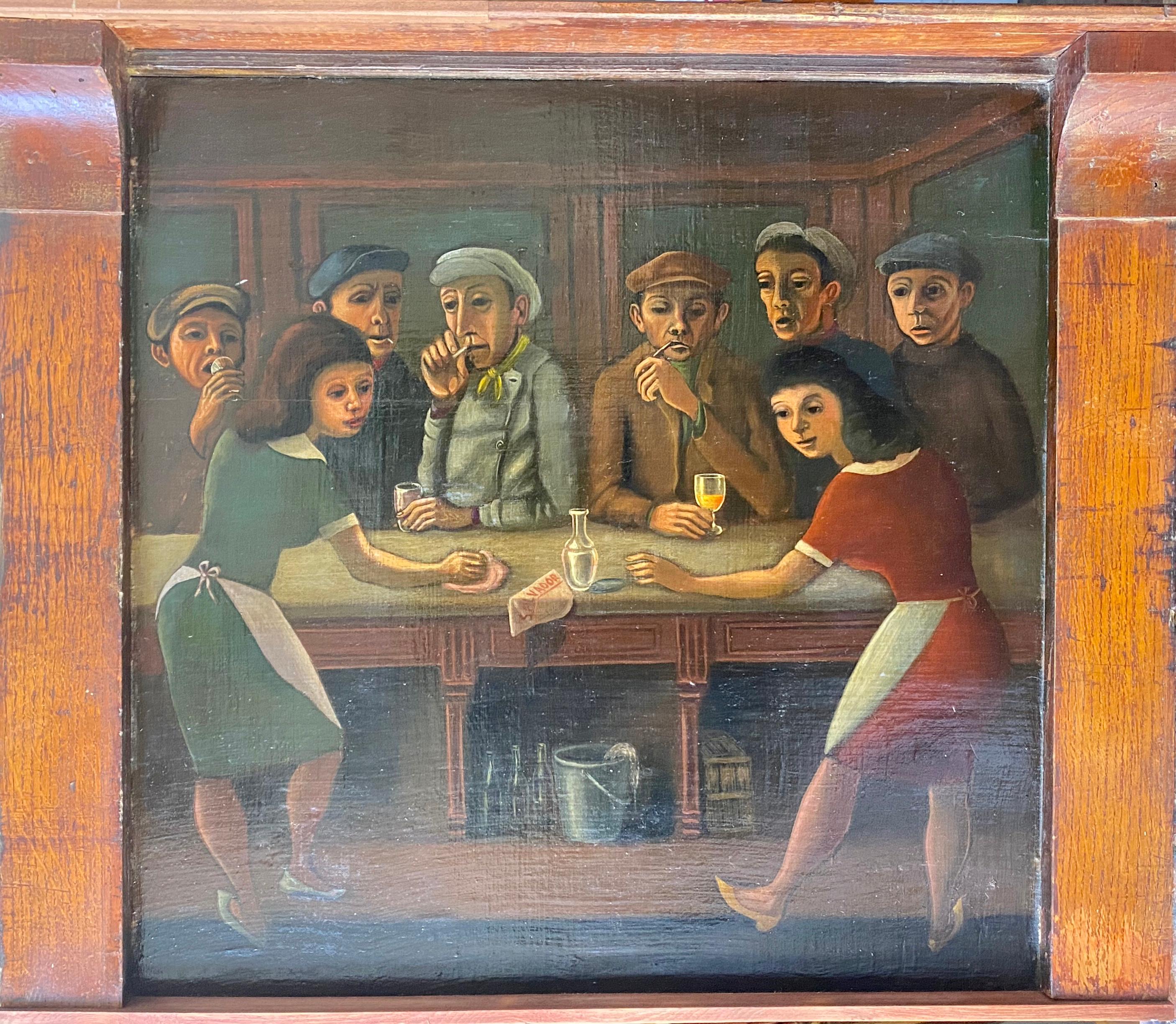 The bar: prohibition speakeasy era faux naif surrealist outsider painting - Painting by Carlos Palet Salvador