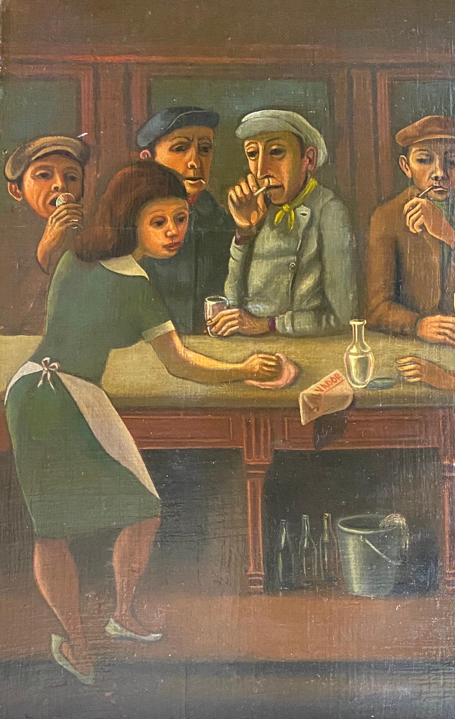 The bar: prohibition speakeasy era faux naif surrealist outsider painting - Outsider Art Painting by Carlos Palet Salvador
