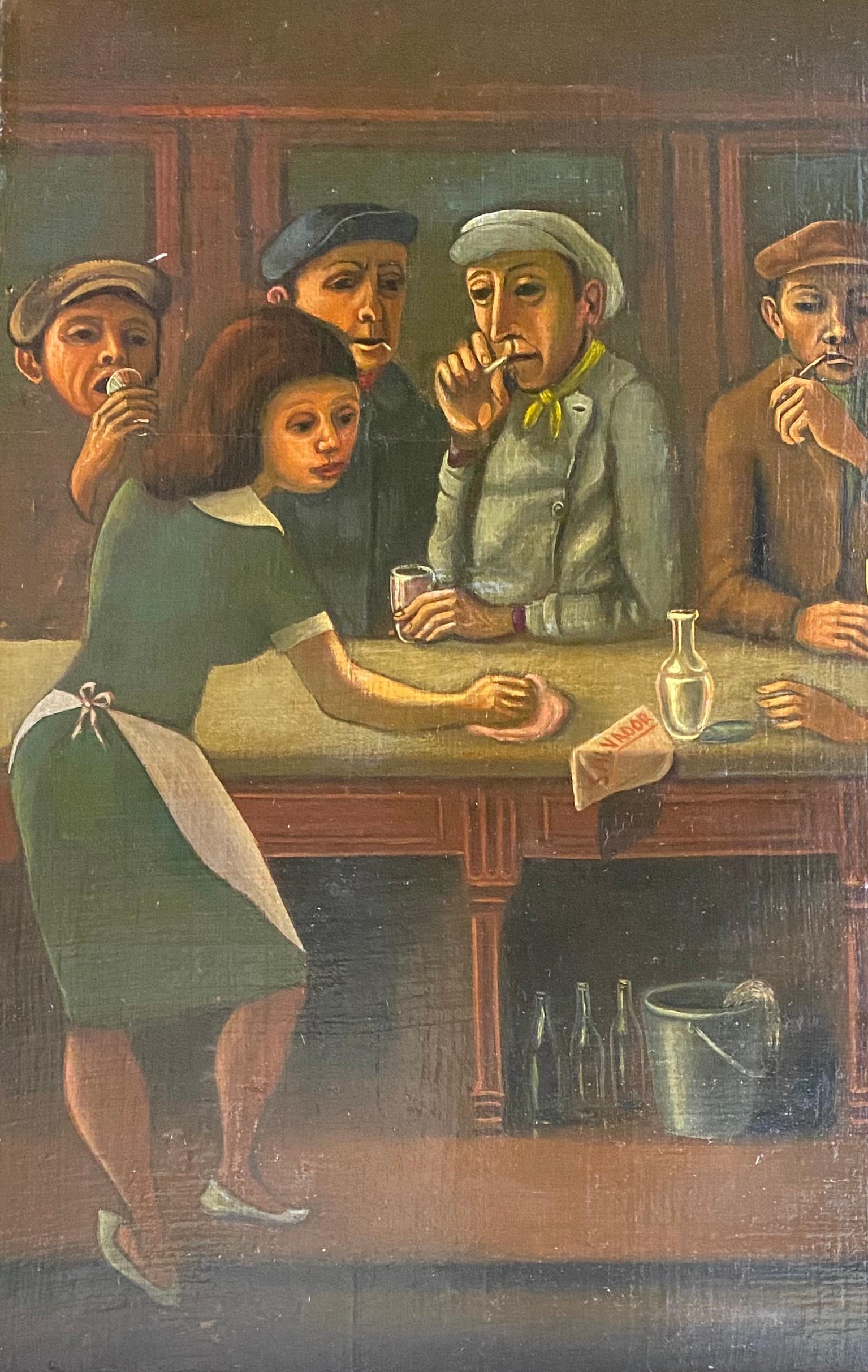 Il bar: speakeasy dell'epoca del proibizionismo, pittura outsider surrealista e naif. - Painting Outsider Art di Carlos Palet Salvador
