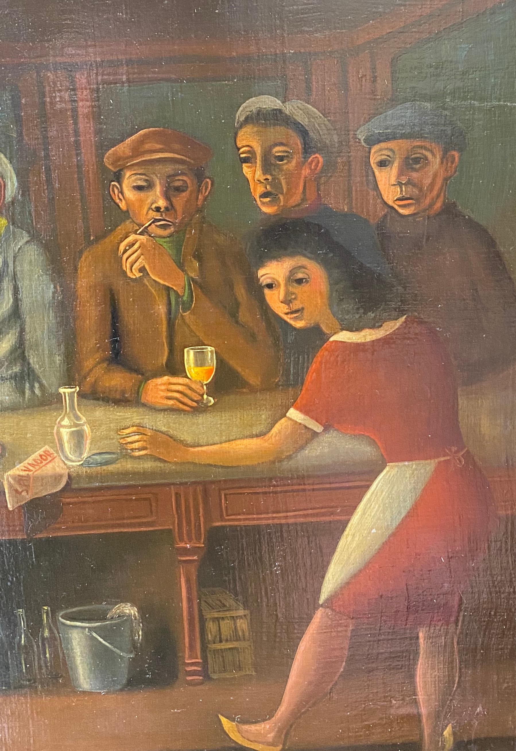 The bar: prohibition speakeasy era faux naif surrealist outsider painting 1