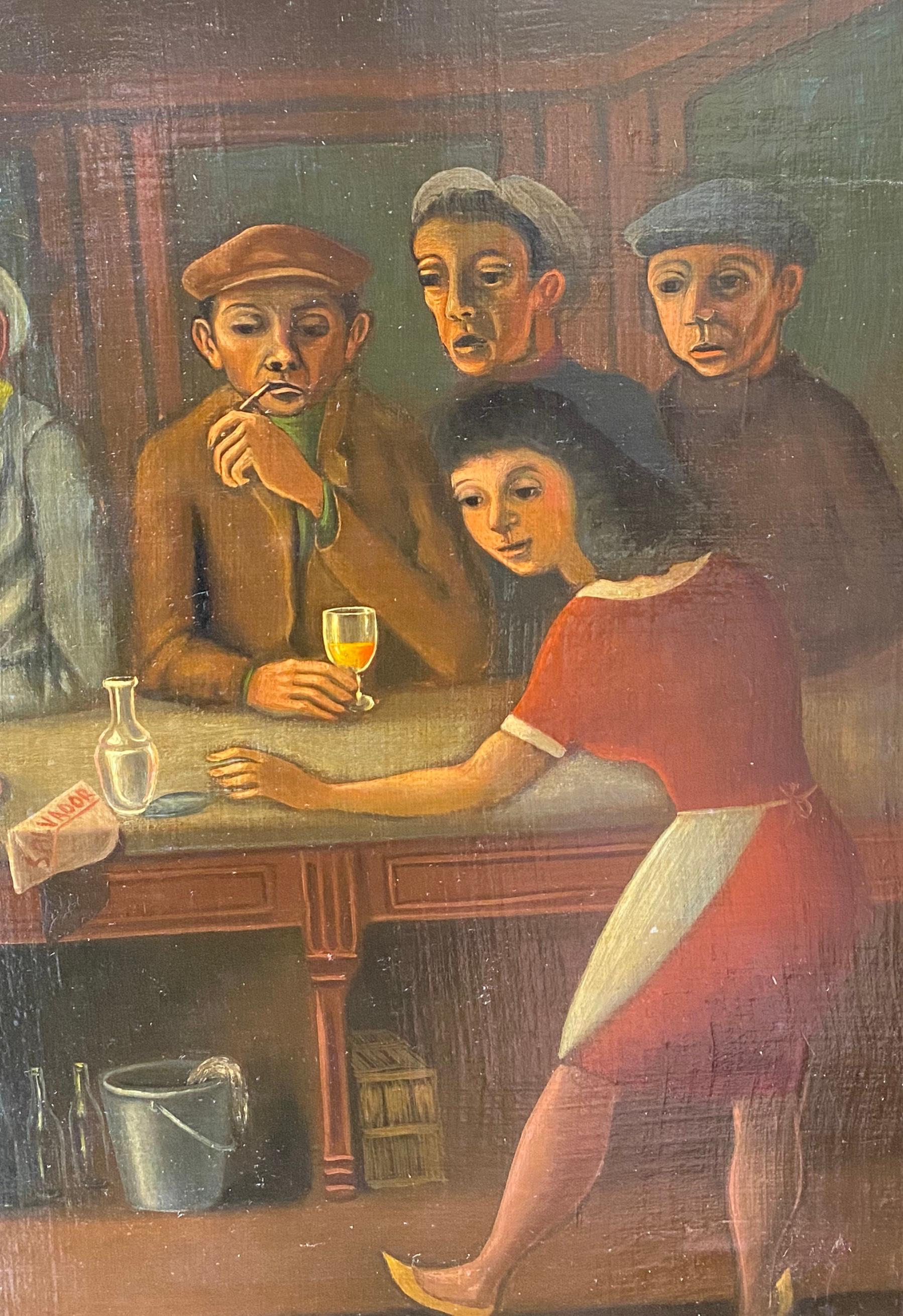 Il bar: speakeasy dell'epoca del proibizionismo, pittura outsider surrealista e naif. 1