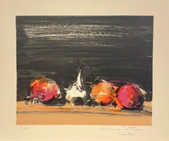 SPANISH STILL LIFE WITH GARLIC Signed Lithograph Abstract Vegetables, Black Wash