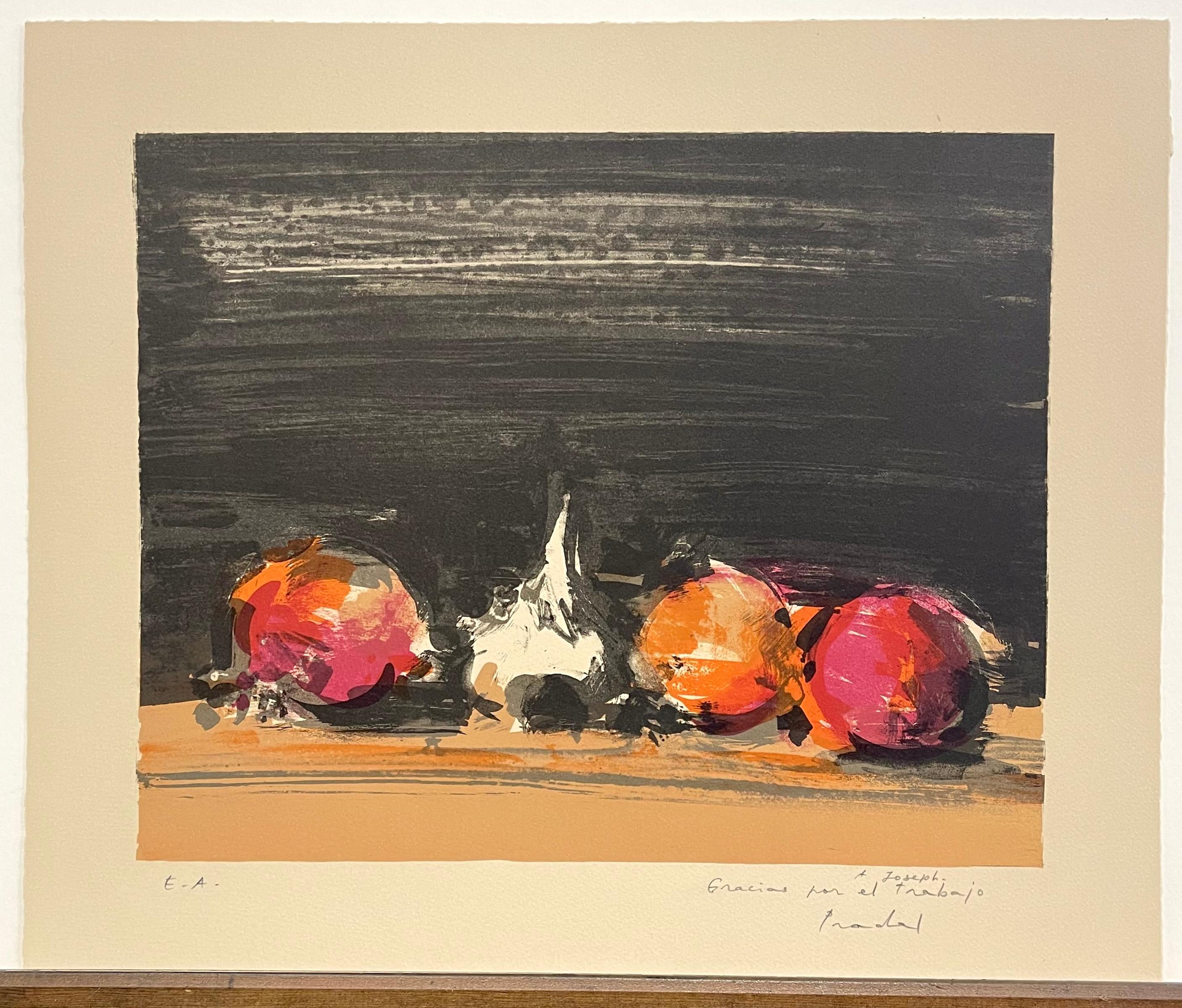 SPANISH STILL LIFE WITH GARLIC Signed Lithograph Abstract Vegetables, Black Wash For Sale 1