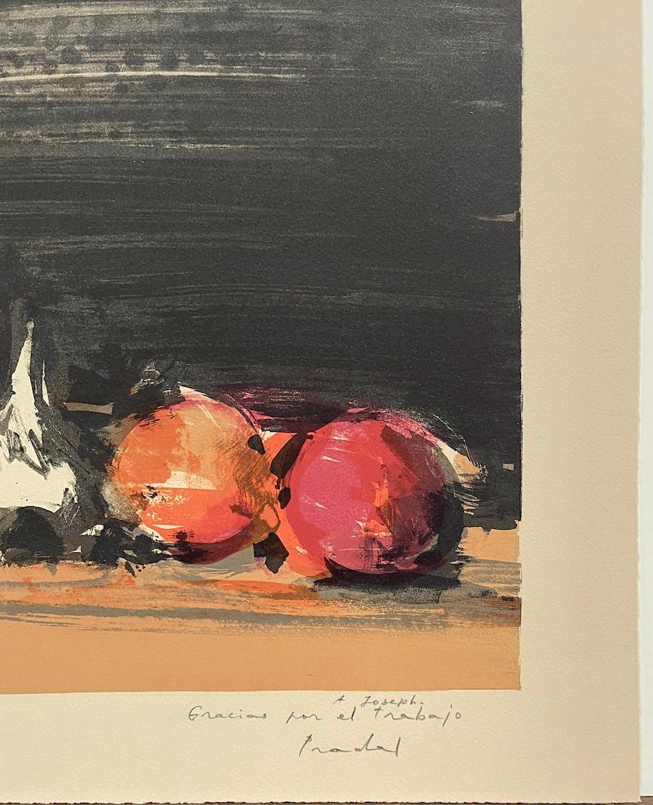 SPANISH STILL LIFE WITH GARLIC Signed Stone Lithograph, Red, Orange, Tan, Black - Expressionist Print by Carlos Pradal