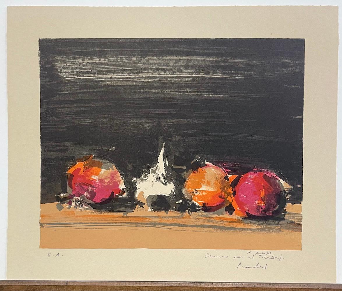 SPANISH STILL LIFE WITH GARLIC by the Spanish artist Carlos Pradal, is an original hand drawn, stone lithograph printed by hand in Paris France using traditional hand lithography techniques on buff color archival printmaking paper, 100% acid free.