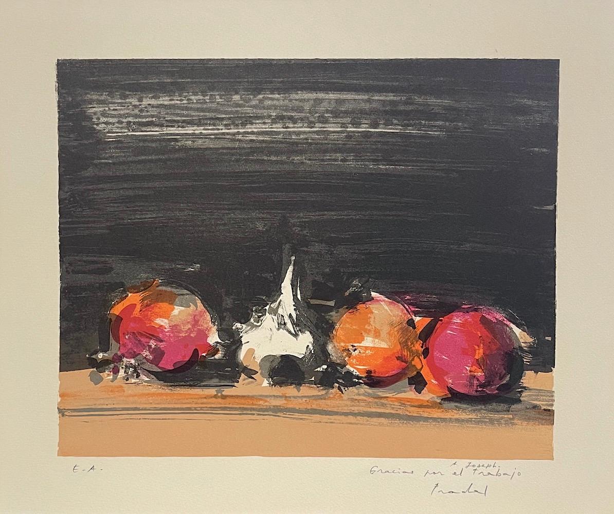 Interior Print Carlos Pradal - SPANISH STILL LIFE WITH GARLIC Lithographie en pierre signée, rouge, orange, havane, noir