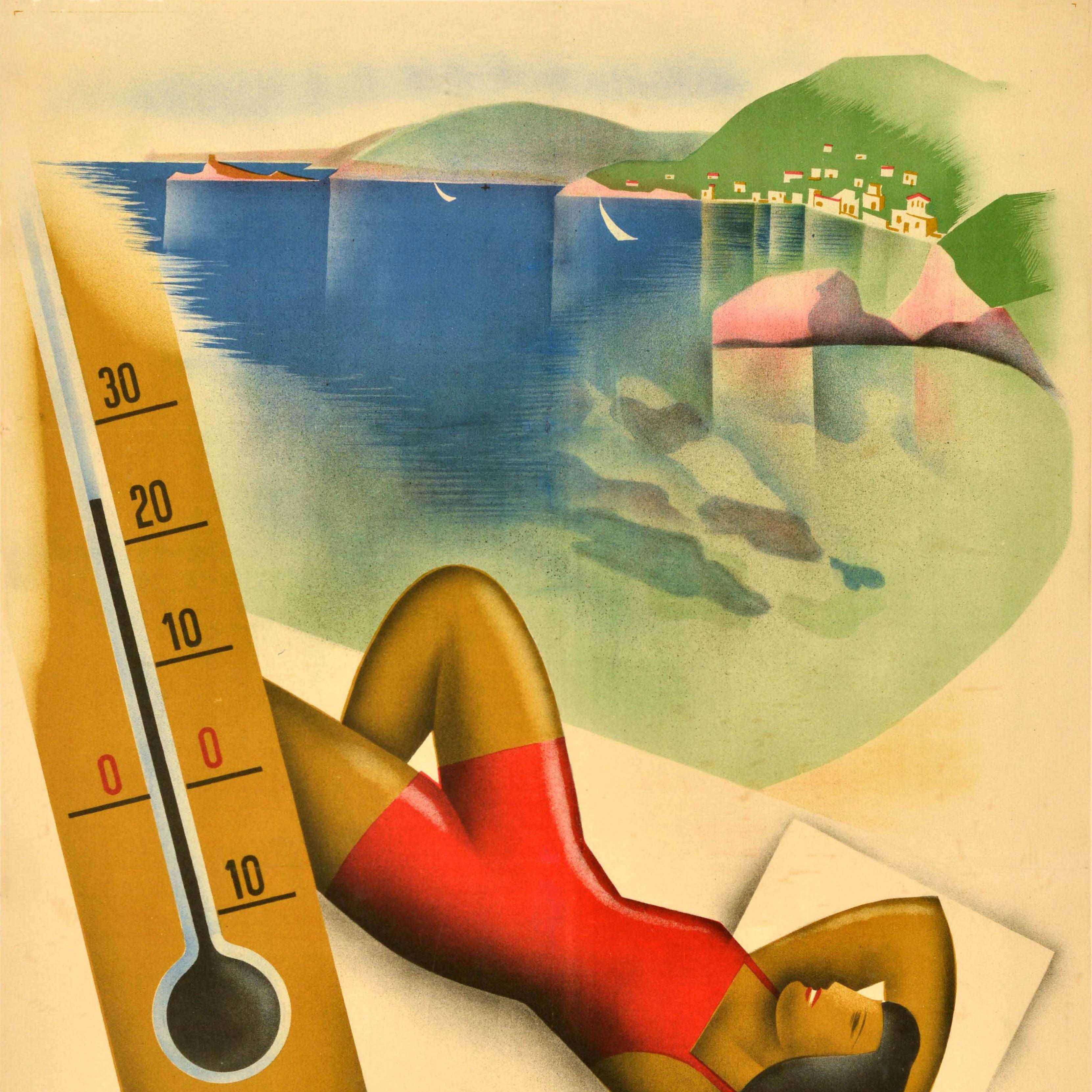 Original vintage travel advertising poster - Winter in Majorca Spain - featuring an Art Deco illustration of a lady in a red swimsuit sunbathing with a thermometer showing a warm temperature of over 20'C in the foreground, a scenic view of sailing