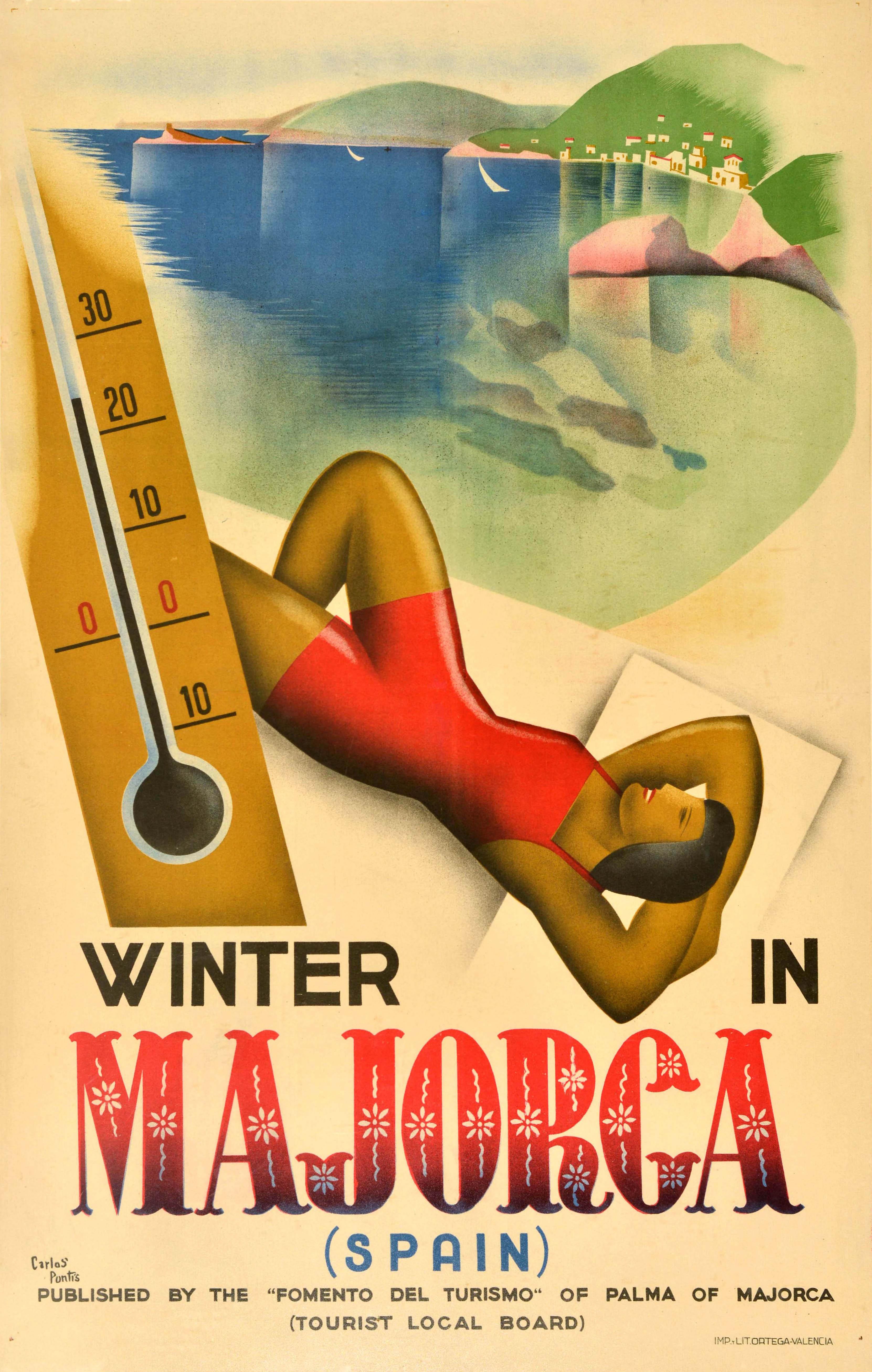 Carlos Puntis Nebot Print – Original-Vintage-Reiseplakat „Winter In Majorca“, Spanien, Carlos Puntis, Art déco