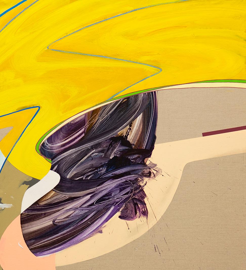 Untitled 10, gestural, yellow, purple, neutrals, action - Painting by Carlos Puyol