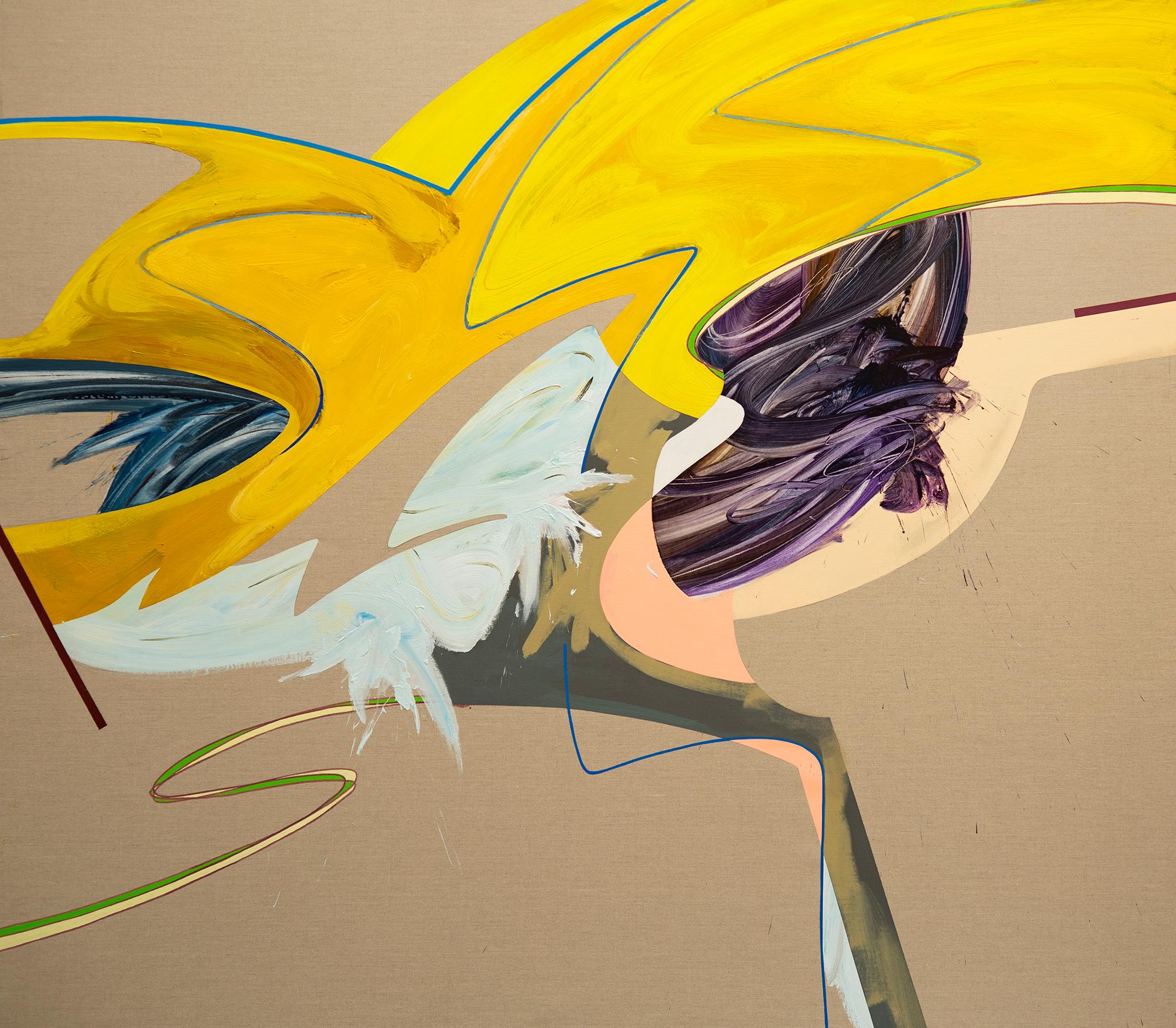 Carlos Puyol Abstract Painting – Ohne Titel 10, gestisch, gelb, lila, neutrale Farben, Aktion