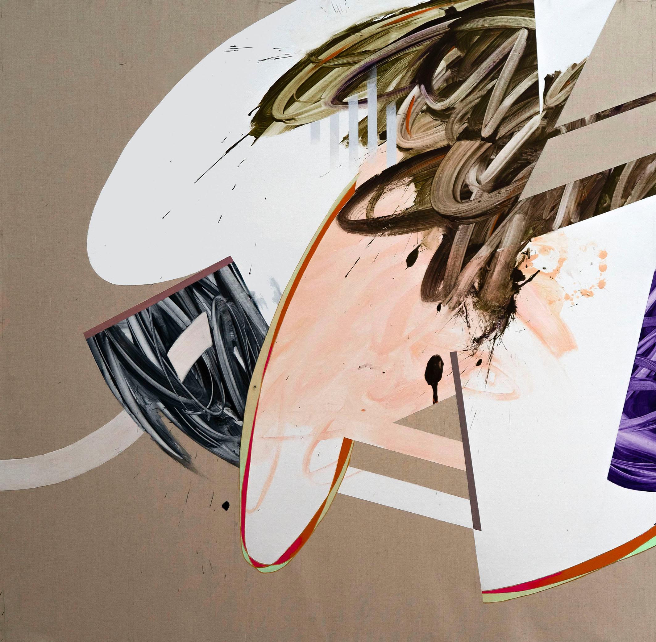 Carlos Puyol Abstract Painting – Abstraktion 11, abstraktes Acrylgemälde auf Leinen, Beige, Weiß und Rosa
