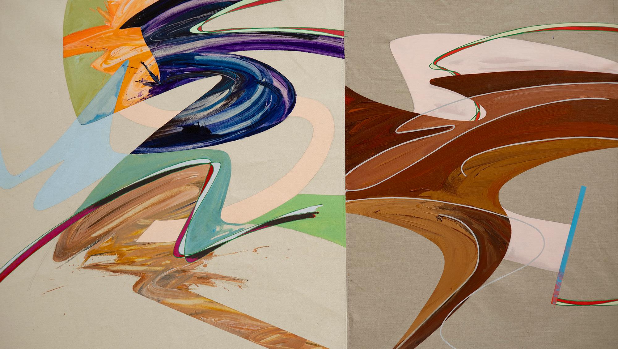 Carlos Puyol Abstract Painting - Untitled 14, gestural, bright colors, neutrals, brown, blue, orange 