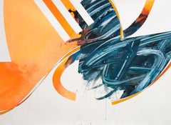 Untitled 33, energetic abstract painting, orange and blue acrylic on canvas