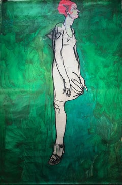 Large Green Figurative Painting by Cuban Artist Carlos Quintana