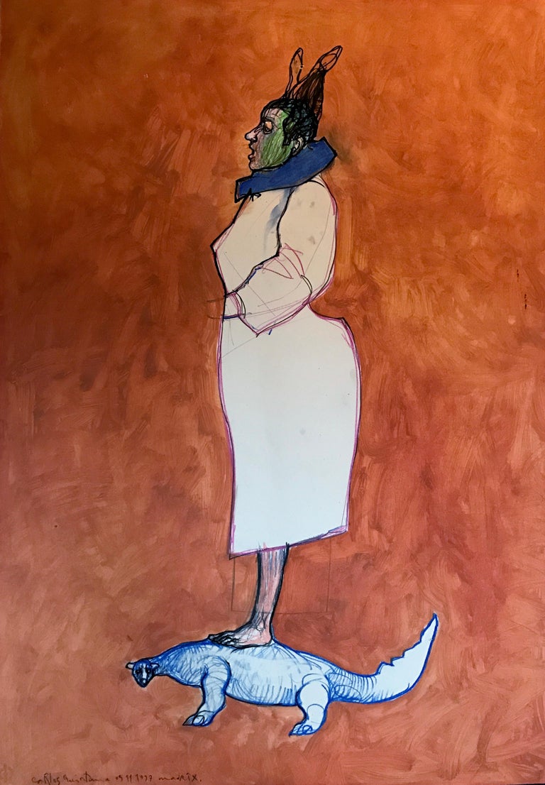 Orange Red Figurative Painting By Cuban Artist Carlos Quintana