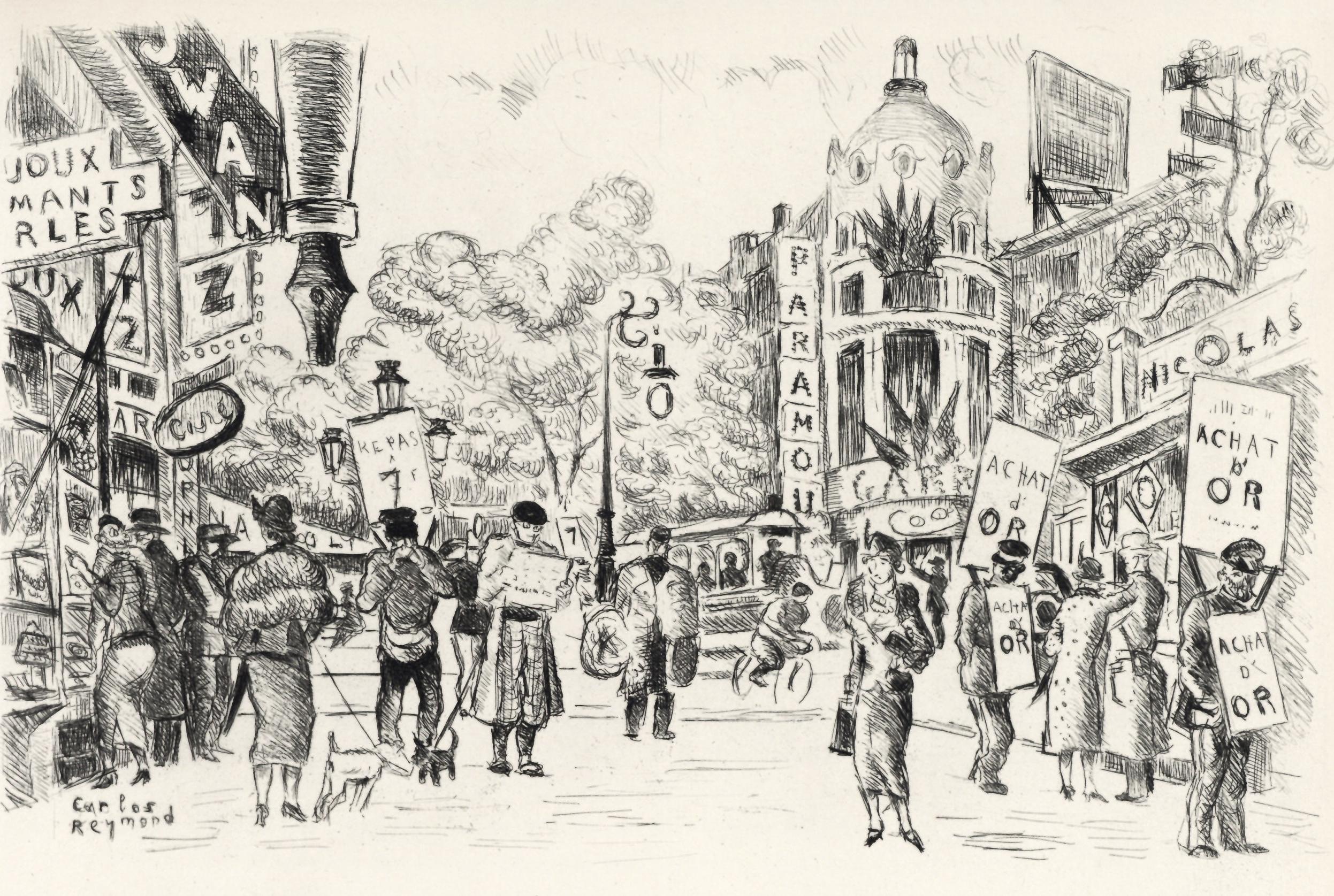 "Les boulevards" acquaforte originale - Print di Carlos Reymond